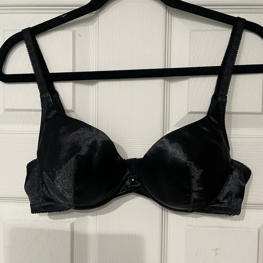 Frederick's of Hollywood Plus Size Elegant Black Satin Bra Rhinestone Accent